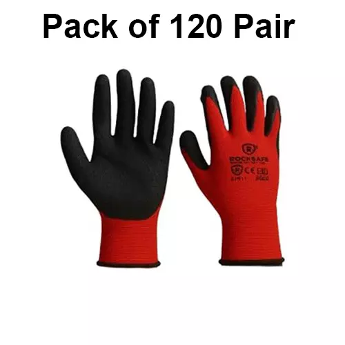 ROCKSAFE Safety Hand Gloves 13 Gauge Polyester Crinkle Latex Coated Red & Black Free Size for Multipurpose Use (Pack of 120 Pairs)