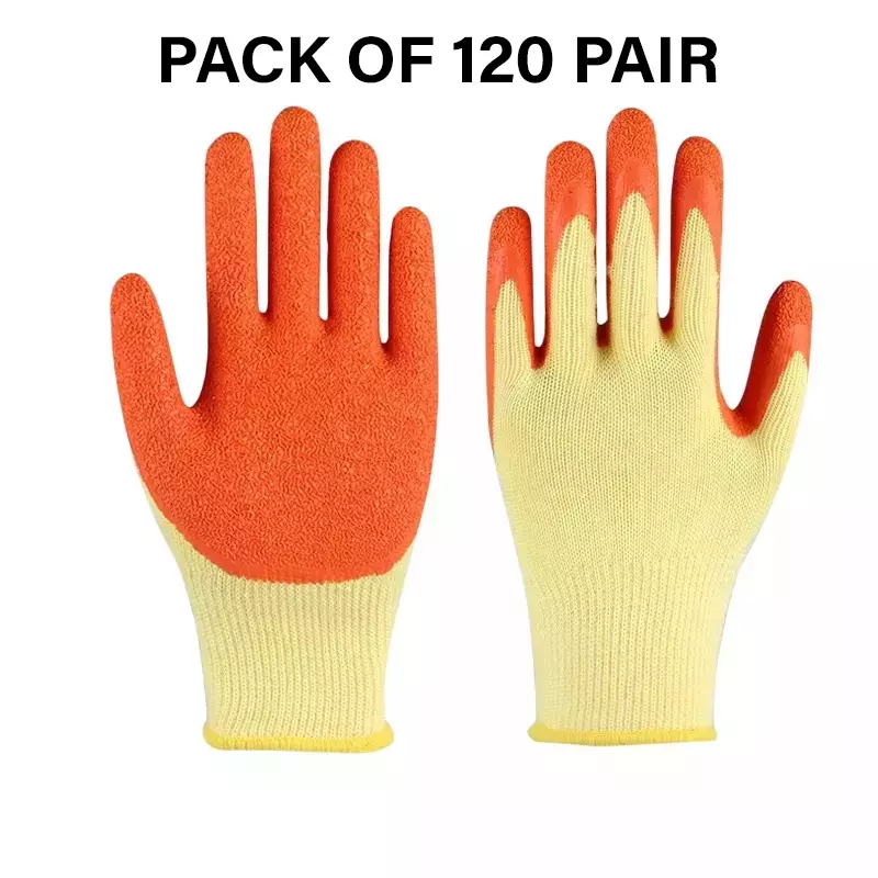 Swavind Safety Hand Gloves Durable Synthetic Fabric Crinkle-Coated Palm with Abrasion Resistance Yellow & Orange Free Size (Pack of 120 Pair)