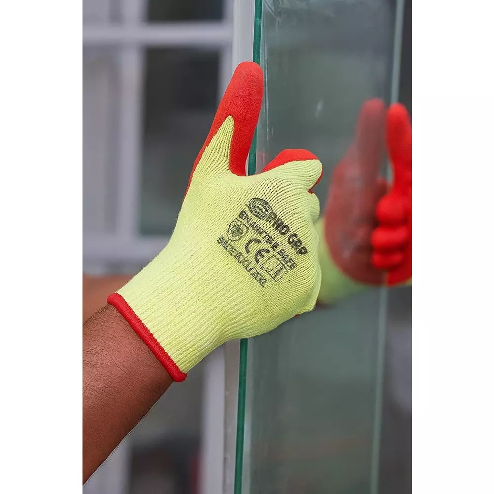 PRO GRIP By ROCKSAFE Safety Hand Gloves 10 Gauge Polycotton Crinkle Latex Palm Coating Seamless Liner Red & Yellow Free Size (Pack of 600 Pairs)