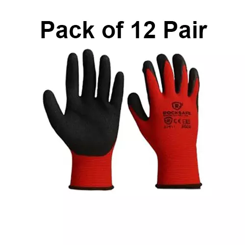 ROCKSAFE Safety Hand Gloves 13 Gauge Polyester Crinkle Latex Coated Red & Black Free Size for Multipurpose Use (Pack of 12 Pairs)