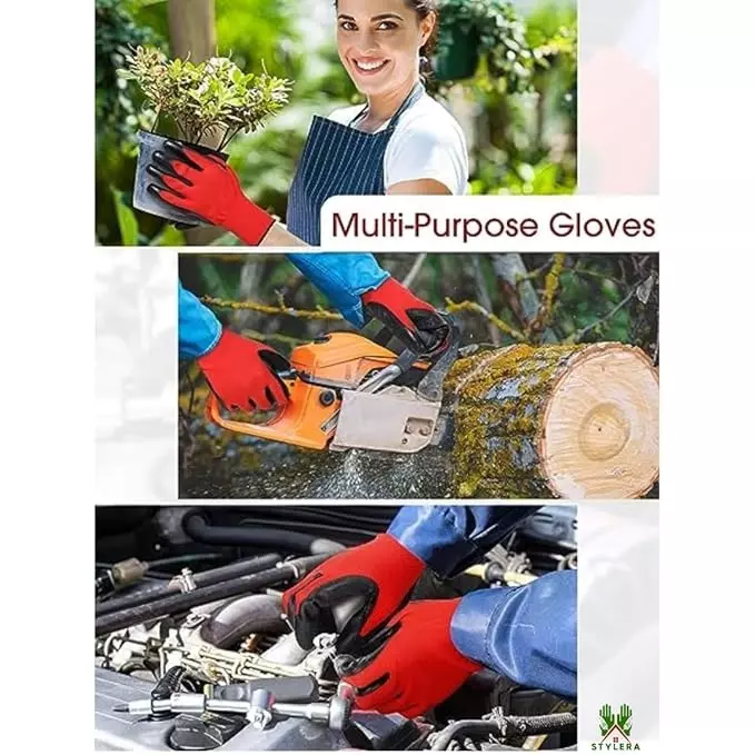 Swavind Safety Hand Gloves Synthetic NylonCrinkle Latex Coated Palm and Fingers with Abrasion Resistance Red & Black Free Size (Pack of 12 Pair)