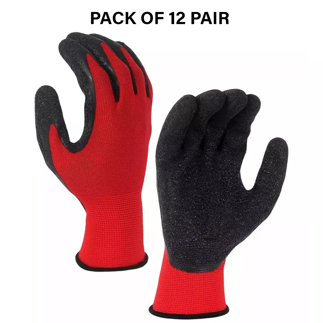 Swavind Safety Hand Gloves Synthetic NylonCrinkle Latex Coated Palm and Fingers with Abrasion Resistance Red & Black Free Size (Pack of 12 Pair)