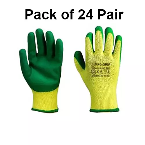 PRO GRIP By ROCKSAFE Safety Hand Gloves 10 Gauge Polycotton Crinkle Latex Palm Coating Seamless Liner Green & Yellow Free Size (Pack of 24 Pairs)