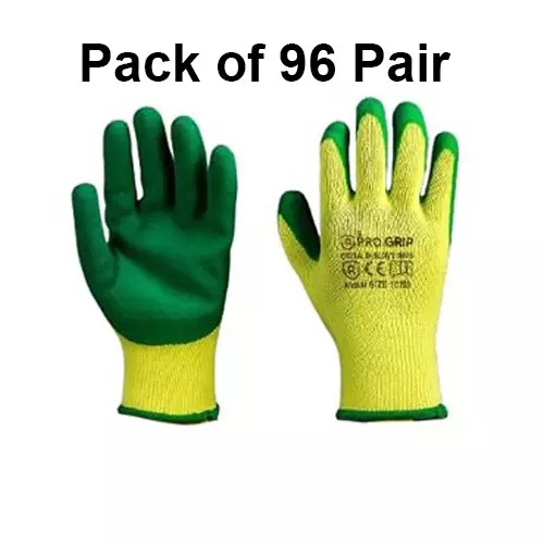 PRO GRIP By ROCKSAFE Safety Hand Gloves 10 Gauge Polycotton Crinkle Latex Palm Coating Seamless Liner Green & Yellow Free Size (Pack of 96 Pairs)