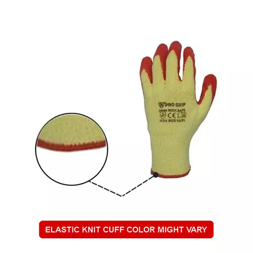 PRO GRIP By ROCKSAFE Safety Hand Gloves 10 Gauge Polycotton Crinkle Latex Palm Coating Seamless Liner Red & Yellow Free Size (Pack of 60 Pairs)