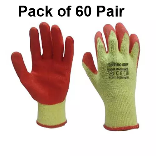 PRO GRIP By ROCKSAFE Safety Hand Gloves 10 Gauge Polycotton Crinkle Latex Palm Coating Seamless Liner Red & Yellow Free Size (Pack of 60 Pairs)