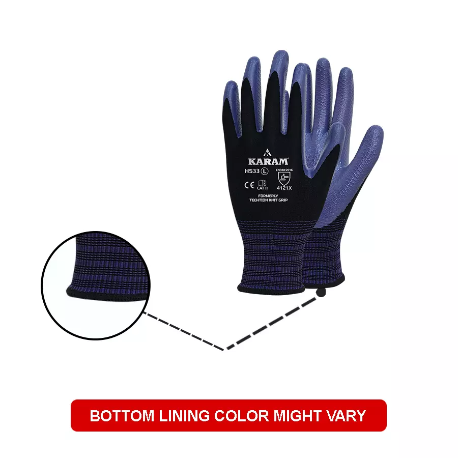 Karam Safety Hand Gloves Polyester Black & Lilac Nitrile Coating Size M, HS 33 (Pack of 12 Pair)