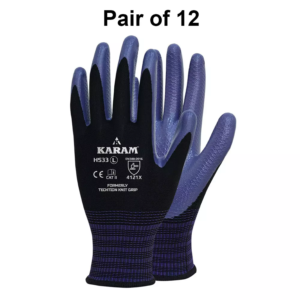 Karam Safety Hand Gloves Polyester Black & Lilac Nitrile Coating Size M, HS 33 (Pack of 12 Pair)