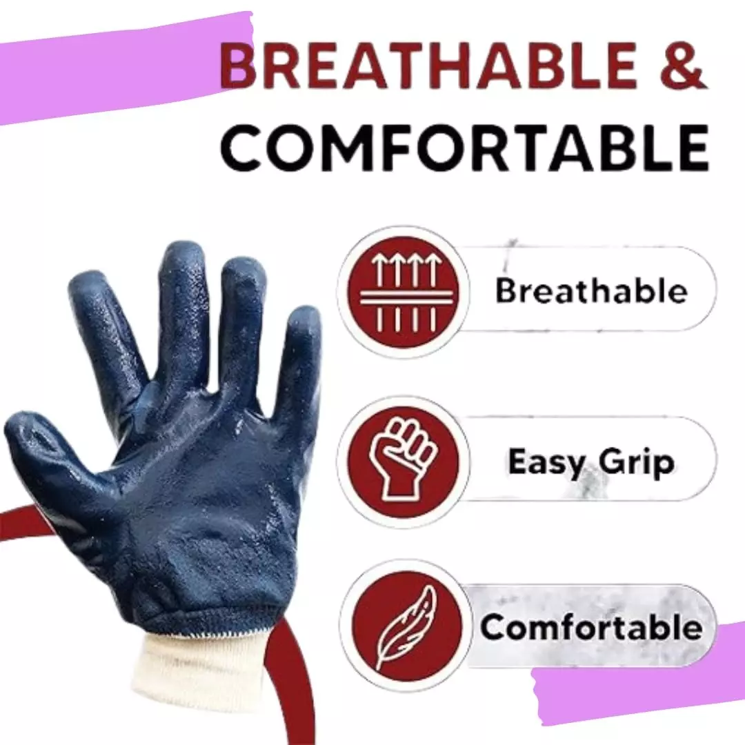 Swavind Safety Hand Gloves Durable Synthetic Fabric Latex & Nitrile Coated Palm with Abrasion Resistance Dark Blue & White Free Size (Pack of 12 Pair)
