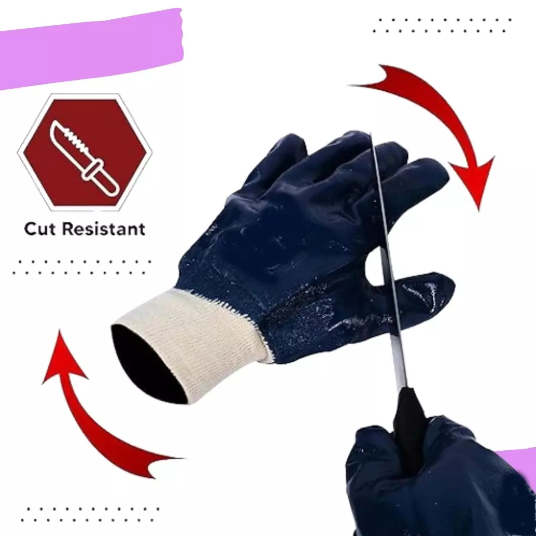 Swavind Safety Hand Gloves Durable Synthetic Fabric Latex & Nitrile Coated Palm with Abrasion Resistance Dark Blue & White Free Size (Pack of 12 Pair)