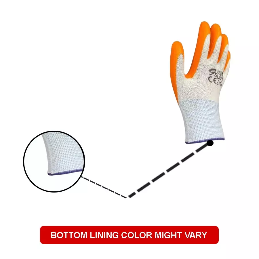 Swavind Safety Hand Gloves Durable Synthetic Fabric Latex & Nitrile Coated Palm with Abrasion Resistance Orange & White Free Size (Pack of 12 Pair)