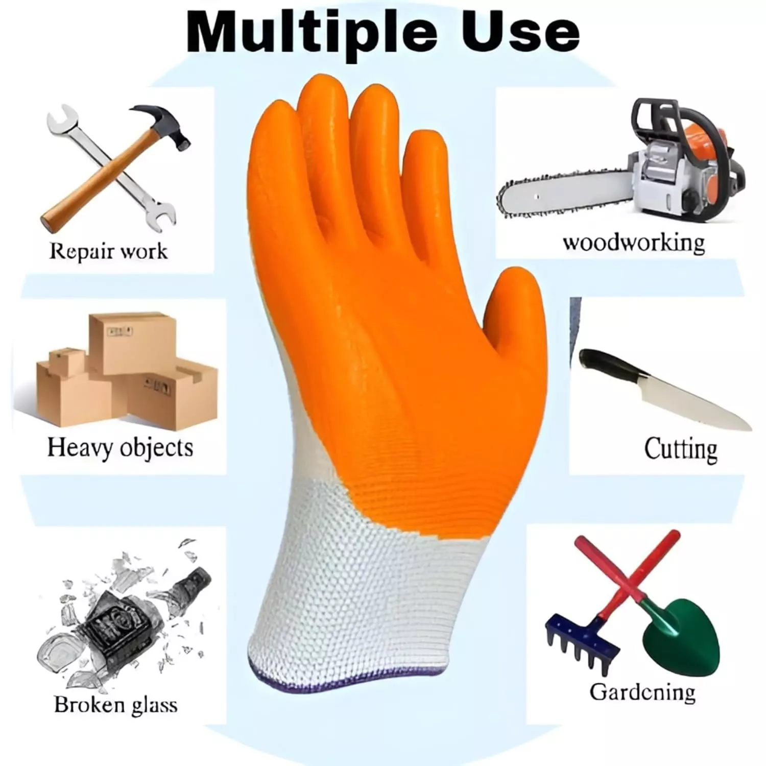 Swavind Safety Hand Gloves Durable Synthetic Fabric Latex & Nitrile Coated Palm with Abrasion Resistance Orange & White Free Size (Pack of 12 Pair)
