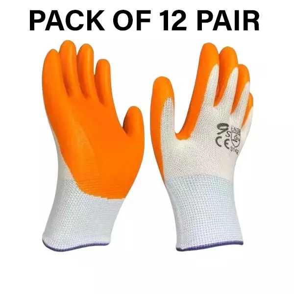Swavind Safety Hand Gloves Durable Synthetic Fabric Latex & Nitrile Coated Palm with Abrasion Resistance Orange & White Free Size (Pack of 12 Pair)