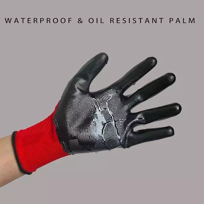 Swavind Safety Hand Gloves Durable Synthetic Latex Nitrile Coated Palm with Abrasion Resistance Red & Black Free Size (Pack of 600 Pair)