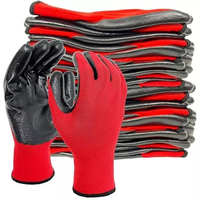 Swavind Safety Hand Gloves Durable Synthetic Latex Nitrile Coated Palm with Abrasion Resistance Red & Black Free Size (Pack of 600 Pair)