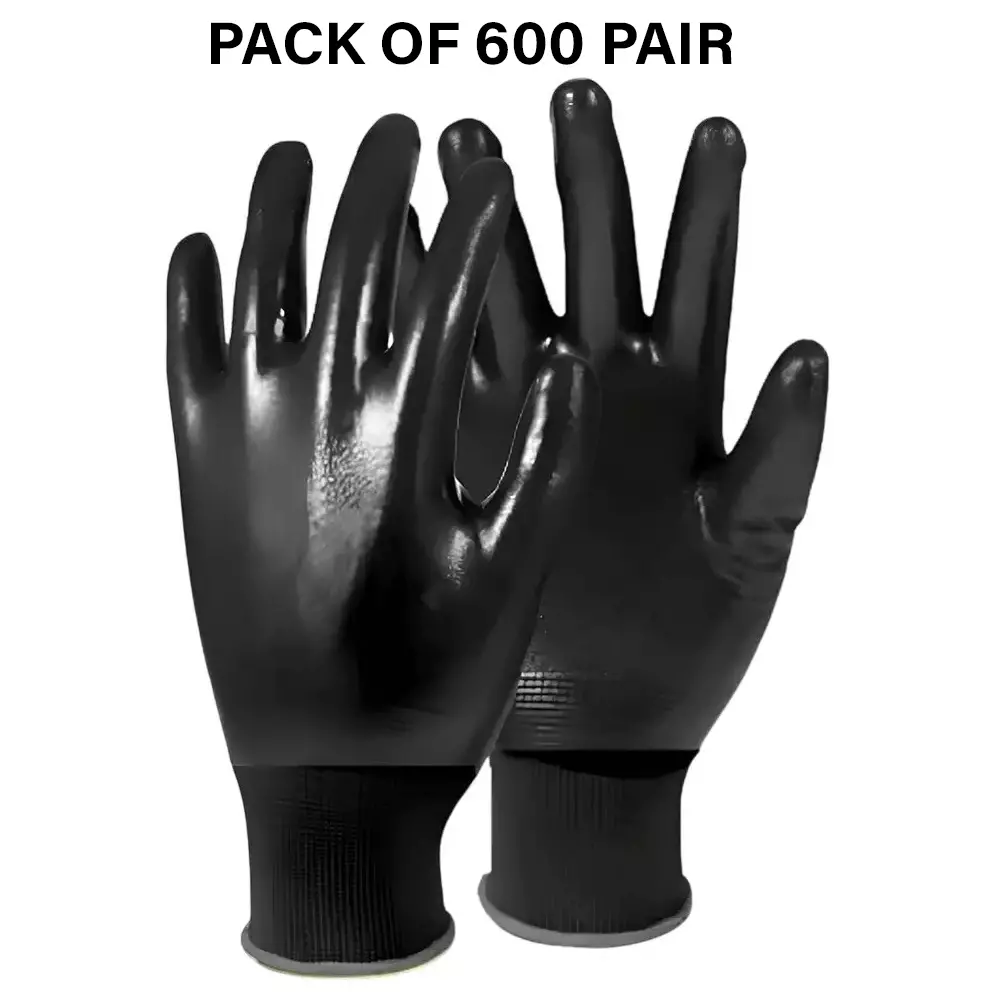 Swavind Safety Hand Gloves Durable Synthetic Fabric Full Latex + Nitrile Coating with Abrasion Resistance Full Black Free Size (Pack of 600 Pair)