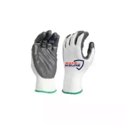 Safe N Sure Nitrile Palm Coated Gloves 254 mm (10 inch) Seamless Knitted Polyester Liner 13 Gauge White, Grey, SSNE130-35 (Pack of 12 Pair)