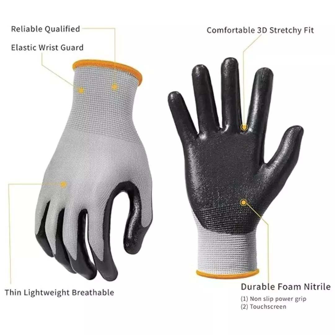Swavind Safety Hand Gloves Synthetic Latex-Nitrile Coated Palm with Abrasion Resistance Grey & Black Free Size