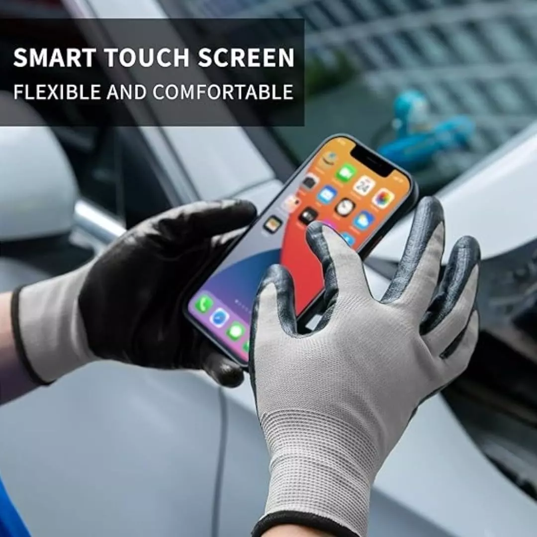 Swavind Safety Hand Gloves Synthetic Latex-Nitrile Coated Palm with Abrasion Resistance Grey & Black Free Size