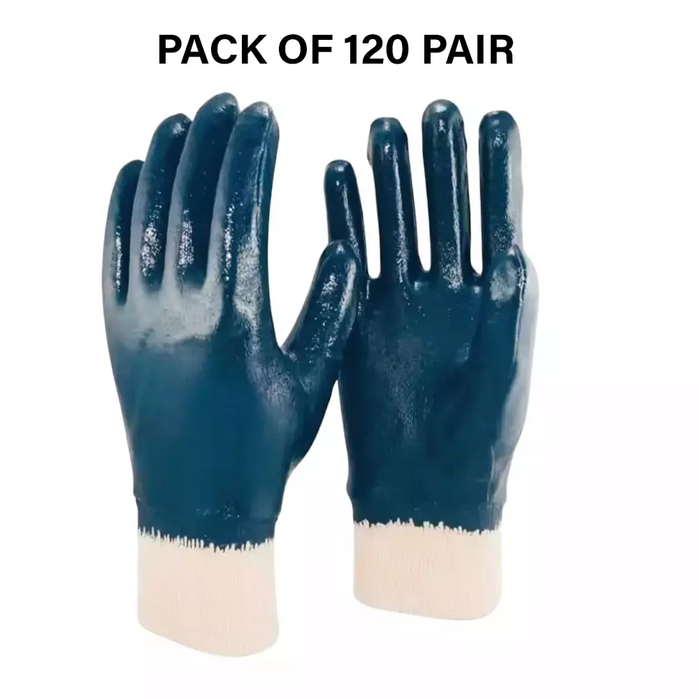 Swavind Safety Hand Gloves Durable Synthetic Fabric Latex & Nitrile Coated Palm with Abrasion Resistance Dark Blue & White Free Size (Pack of 120 Pair)