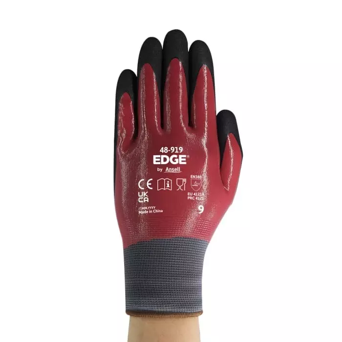 Ansell Edge 48-919 Black/Red Polyester Oil Resistant Work Gloves Size 8 Nitrile Coating, 48919080