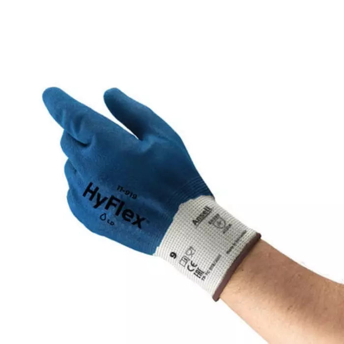 Ansell HyFlex 11-919 Blue Nylon Oil Resistant Gloves Size 10 Nitrile Coating, 11919100
