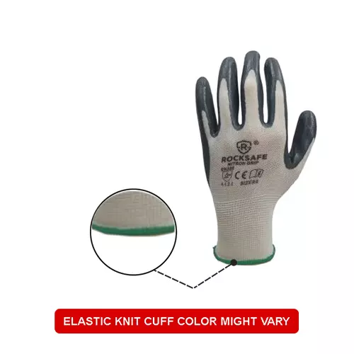 ROCKSAFE Safety Hand Gloves 13 Gauge Polyester Level 1 Nitrile Coating HPPE Liner Nitron Grip White & Grey Free Size, Heavy (Pack of 36 Pairs)