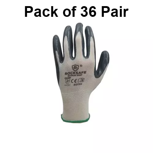 ROCKSAFE Safety Hand Gloves 13 Gauge Polyester Level 1 Nitrile Coating HPPE Liner Nitron Grip White & Grey Free Size, Heavy (Pack of 36 Pairs)