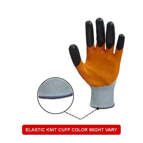 ROCKSAFE Safety Hand Gloves Polyester Nitro DX Dual Layer Nitrile Coated Orange & Black Reinforced Fingers Free Size (Pack of 24 Pairs)
