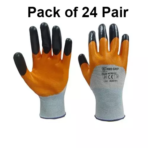 ROCKSAFE Safety Hand Gloves Polyester Nitro DX Dual Layer Nitrile Coated Orange & Black Reinforced Fingers Free Size (Pack of 24 Pairs)