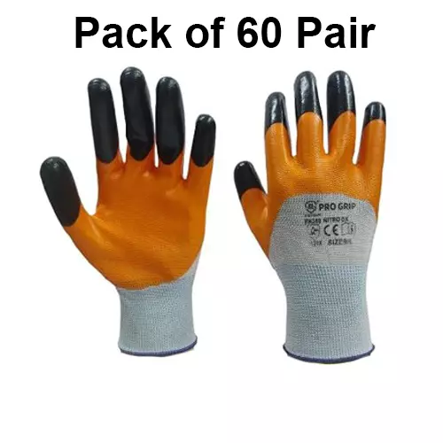 ROCKSAFE Safety Hand Gloves Polyester Nitro DX Dual Layer Nitrile Coated Orange & Black Reinforced Fingers Free Size (Pack of 60 Pairs)