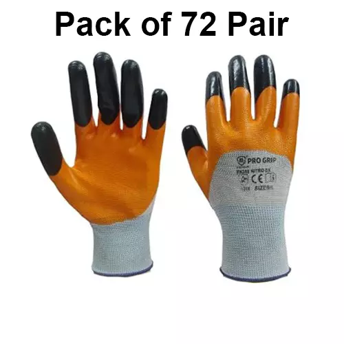 ROCKSAFE Safety Hand Gloves Polyester Nitro DX Dual Layer Nitrile Coated Orange & Black Reinforced Fingers Free Size (Pack of 72 Pairs)