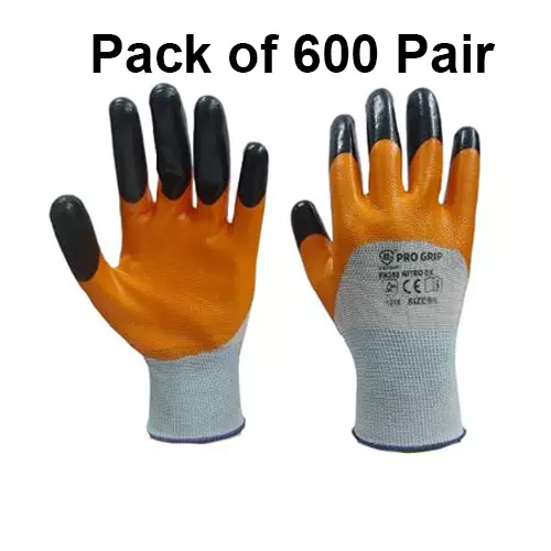 ROCKSAFE Safety Hand Gloves Polyester Nitro DX Dual Layer Nitrile Coated Orange & Black Reinforced Fingers Free Size (Pack of 600 Pairs)