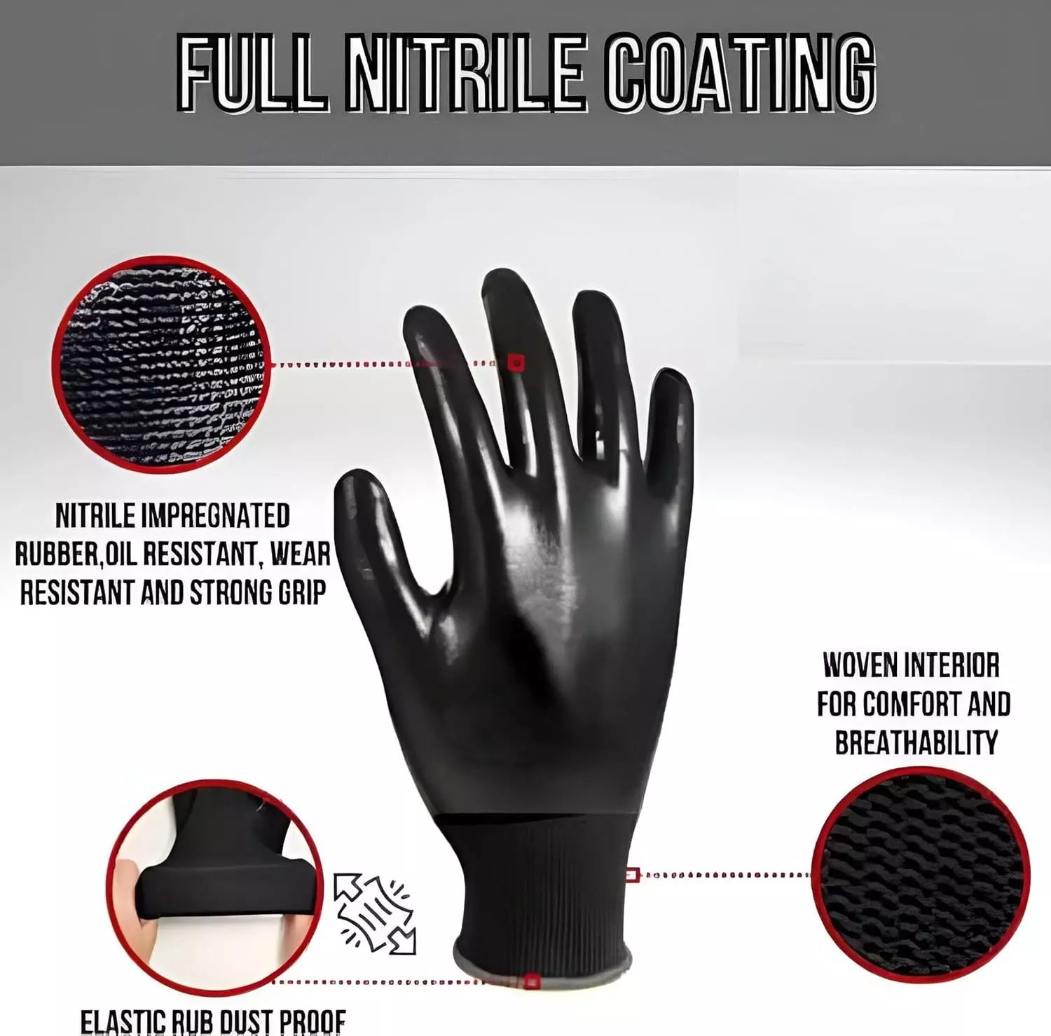 Swavind Safety Hand Gloves Durable Synthetic Fabric Full Latex + Nitrile Coating with Abrasion Resistance Full Black Free Size