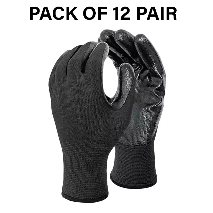 Swavind Safety Hand Gloves Latex-Nitrile Blend Latex-Nitrile Coated Palm with Abrasion Resistance Black Free Size (Pack of 12 Pair)