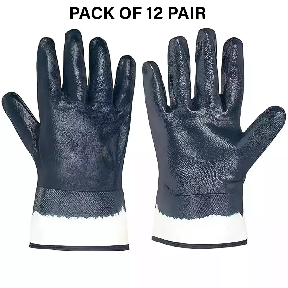 Swavind Safety Hand Gloves Strong Synthetic Fabric Latex & Nitrile Coated Palm with Abrasion Resistance Dark Blue Free Size (Pack of 12 Pair)