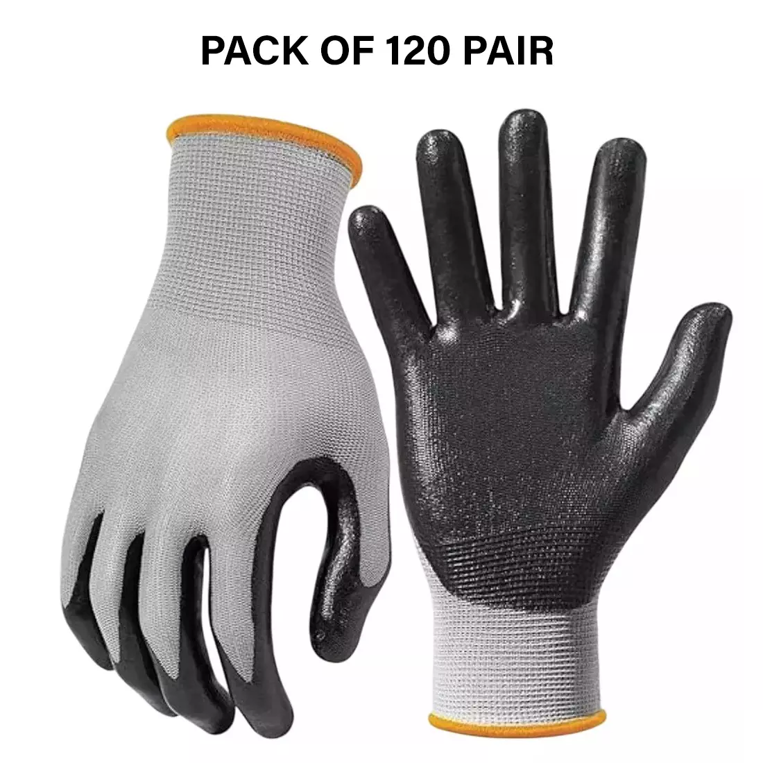 Swavind Safety Hand Gloves Synthetic Latex-Nitrile Coated Palm with Abrasion Resistance Grey & Black Free Size (Pack of 120 Pair)