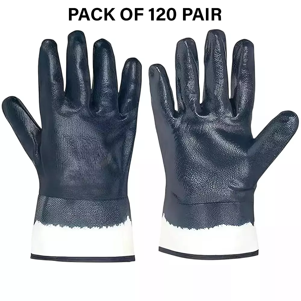 Swavind Safety Hand Gloves Strong Synthetic Fabric Latex & Nitrile Coated Palm with Abrasion Resistance Dark Blue Free Size (Pack of 120 Pair)