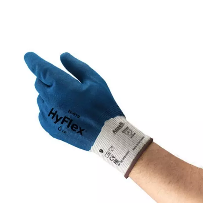 Ansell HyFlex 11-919 Blue Nylon Oil Resistant Gloves Size 8 Nitrile Coating, 11919080