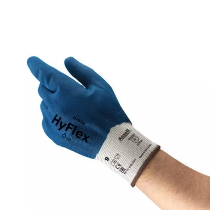 Ansell HyFlex 11-919 Blue Nylon Oil Resistant Gloves Size 9 Nitrile Coating, 11919090