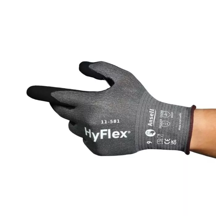 Ansell HyFlex 11581 Black HPPE Nylon Spandex Cut Resistant Work Gloves Size 8 Nitrile Coating, 11581080