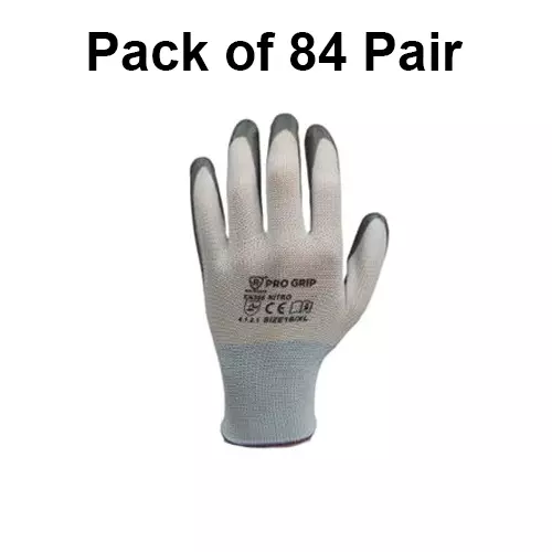 PRO GRIP By ROCKSAFE Safety Hand Gloves 13 Gauge Polyester Level 1 Nitrile Coating White & Grey Free Size, ECO (Pack of 84 Pairs)