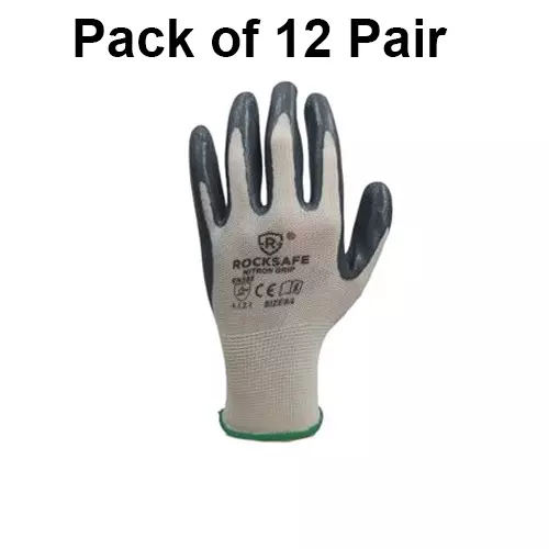 ROCKSAFE Safety Hand Gloves 13 Gauge Polyester Level 1 Nitrile Coating HPPE Liner Nitron Grip White & Grey Free Size, Heavy, Heavy (Pack of 12 Pairs)