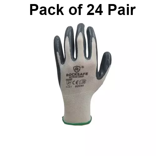 ROCKSAFE Safety Hand Gloves 13 Gauge Polyester Level 1 Nitrile Coating HPPE Liner Nitron Grip White & Grey Free Size, Heavy (Pack of 24 Pairs)