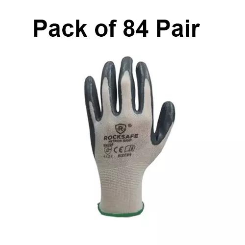 ROCKSAFE Safety Hand Gloves 13 Gauge Polyester Level 1 Nitrile Coating HPPE Liner Nitron Grip White & Grey Free Size, Heavy (Pack of 84 Pairs)
