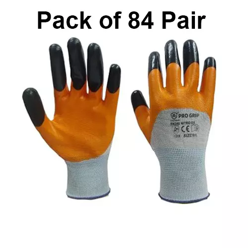 ROCKSAFE Safety Hand Gloves Polyester Nitro DX Dual Layer Nitrile Coated Orange & Black Reinforced Fingers Free Size (Pack of 84 Pairs)
