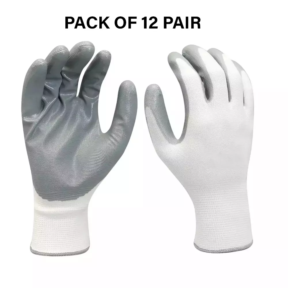 Swavind Safety Hand Gloves Durable Synthetic Fabric Latex & Nitrile Coated Palm with Abrasion Resistance Grey & White Free Size (Pack of 12 Pair)