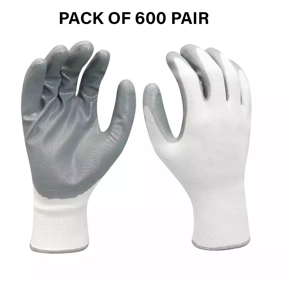 Swavind Safety Hand Gloves Durable Synthetic Fabric Latex & Nitrile Coated Palm with Abrasion Resistance Grey & White Free Size (Pack of 600 Pair)