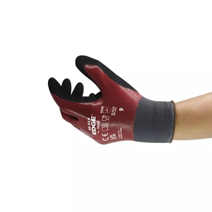 Ansell Edge 48-919 Black/Red Polyester Oil Resistant Work Gloves Size 7 Nitrile Coating, 48919070