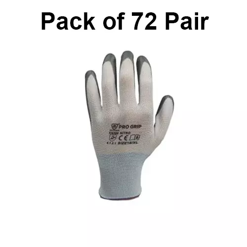 PRO GRIP By ROCKSAFE Safety Hand Gloves 13 Gauge Polyester Level 1 Nitrile Coating White & Grey Free Size, ECO (Pack of 72 Pairs)